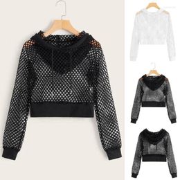 Women's Sweaters Women's Women Solid Cutout Mesh Insert Cropped Hoodie Sweatshirt Long Sleeve Crop Top Vacation Jacket High Street