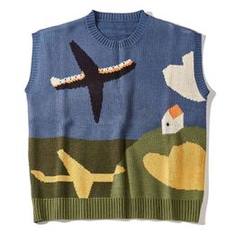 Men's Sweaters LACIBLE Harajuku Streetwear Knitted Sky Plane Print Sweaters Vest 2021 Autumn Casual Sleeveless Sweater Fashion Knitwear Tops T220906