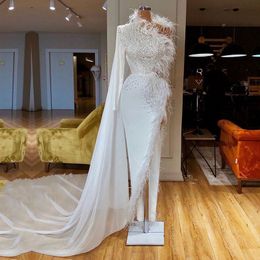 Classic Mermaid Wedding Dresses One Long Sleeve High Neck Feather Sequins Appliques Beaded Bridal Gowns 3D Lace Side Slit Bridal Gowns Sweep Train Vestido de novia