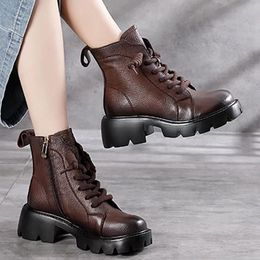 Women Platform Boots Chunky Motorcycle Genuine Leather Boot Female Height Flat Shoes Ladies Combat 2022 Winter Fashion Lace Up Round Head Black Mid Heel Square Heel