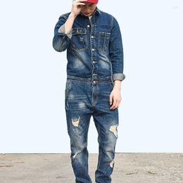 Men's Jeans Autumn Retro One Piece Classic Denim Jumpsuit Long Sleeve Cargo Overalls Single Breasted Hole Ripped Trousers Pockets Pant