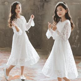 Girl Dresses Bohemian Floral Lace Big Girls White Long Sleeve Spring Fall Teenager Dress Children's Clothing