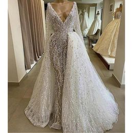 Sparkling Mermaid Wedding Dresses Long Sleeves Deep V Neck Sequins Appliques Bridal Gowns 3D Lace Detachable Train Ruffles Bridal Gowns Sweep Train Vestido de novia