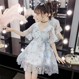 Girl's Dresses Dress Girl Summer Clothing Princess Birthday Party Dresses Chiffon V-neck Double Print Tight-waist Dress 2-12 Years Old 220908