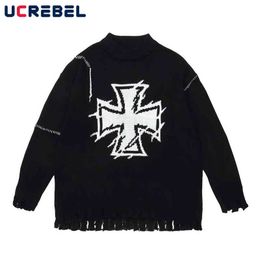 Men's Sweaters Pattern Jacquard Knitted Sweater Mens Letter Round Neck Sweater Streetwear Ripped Hole Long Sleeve Casual Pullover Men T220906