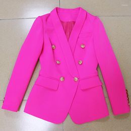 Women's Suits EXCELLENT QUALITY 2022 Classic Designer Women Blazer Slim Fitting Double Breasted Lion Buttons Shawl Collar Neon Pink