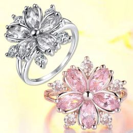 Cute Female Pink Crystal Stone Finger Ring Charm Silver Colour Thin Wedding Rings For Women Bride Flower Zircon Engagement Bands