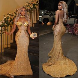 Bling Crystal Mermaid Celebrity Prom Dresses Luxury Sequins Evening Dress 2022 Sexy Black Girls Graduation Party Gown
