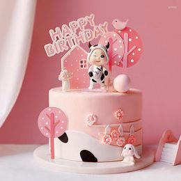 Festive Supplies Child Happy Birthday Acrylic Cake Toppers Flag Pink Farm Cow Baby For Kid's Party Gifts