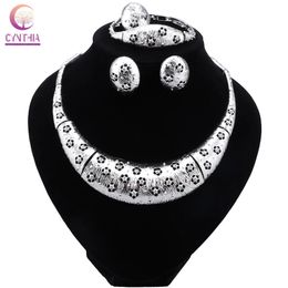 Dubai Silver Plated Jewellery Sets Women Necklace Earrings Bracelet Ring Nigeria Bridal Jewellery Wedding Party Gift