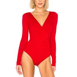 Women's Jumpsuits Rompers Magiray Women Bodysuit Thong Surplice Ruched Deep-V Neck Long Sleeve Tops Sexy Jumpsuits White Red Black Summer Body Suits 220908