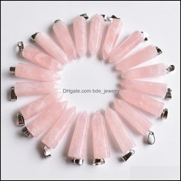 Charms Natural Stone Hexagonal Pillar Charms Pendum Rose Quartz Chakra Handmade Sier Color Pendants For Jewelry Making W Dhseller2010 Dhop2