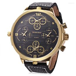 Wristwatches Shiweibao Cool Watch Men Sport Golden Big Case Four Time Zones Military Watches Date Leather Strap Mens Quartz