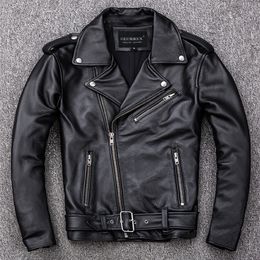 Men's Leather Faux Spring Classical Motorcycle oblique zipper Jackets Men Natural Calf Skin Thick Slim Cowhide Moto man 220908