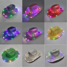 Halloween Light Up Cowboy Hat Silver Black Pink Blue LED Flashing Cosplay Accessory Caps Birthday Christmas New Year Party Supply