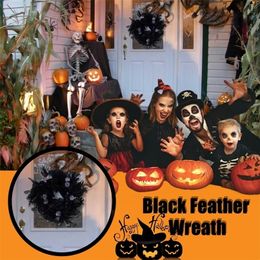 Faux Floral Greenery Halloween Decoration Door Wreath Black Feathers Pendant Window Door Hanging For Garden Porch Yard Horror Wreath Halloween Decor 220908