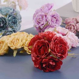 Faux Floral Greenery 6 pcsparty Silk Artificial Roses Flowers Bouquet Diy Home Wedding Decoration Handmade Gift Craft Wreath Silk Party Scrapbooking J220906