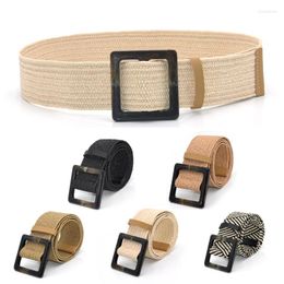 Belts Women Braided Elastic Belt Square Button Girdle Bamboo Buckle Wood Jade Waist Ceinture Femme