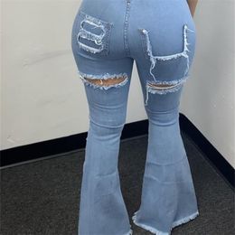 Women's Jeans FNOCE autumn women's ripped jeans pants street fashion trend high waist hole retro tight high stretch denim Flare Pants 220908