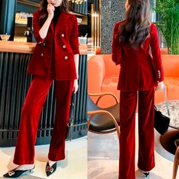 Winter Red Velvet Fashion Green Women Pants Suits 2 Pieces Slim Fit Prom Evening Party Wear Celebrity Long Jacket