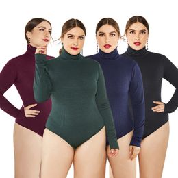 Women's Jumpsuits Rompers Plus Size Women Elegant Turtleneck Long Sleeve Knitted Bodysuits Autumn Winter Solid Casual Bottoming Short Jumpsuits Female 220908