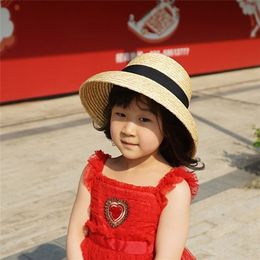Caps Hats Children's Bucket Dome Wide Brim Summer Sun Ribbon Bowknot Lace Up Beach Girl Cap Protection Straw 220907