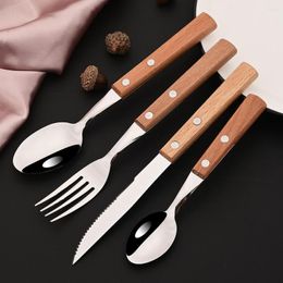 Flatware Sets Creative 1/2/4/6Set Wooden Handle Western Dinnerware Cutlery 304 Stainless Steel Vintage Tableware Steak Knife Fork Spoon Set