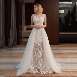 Full Lace Overskirts A Line Wedding Dresses Sexy V-neck Wedding Gown Illusion Bodice Custom Made Elegant Vestidos De Novia