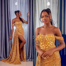 Exquisite Gold Prom Dresses Off Shoulder Sequined Tassels Party Dresses Beading Side Split Custom Made Evening Dress