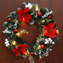 Faux Floral Greenery 40cm LED Christmas Wreath With Artificial Pine Cones Berries And Flowers Holiday Front Door Hanging Decoration For Home 220908