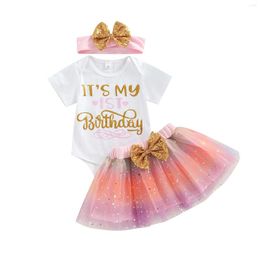 Clothing Sets Infant Baby Girl Romper Set Short Sleeve Letter Birthday Sequins Embellished Mesh Tulle Gradient Skirt Headband 6-18M