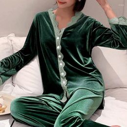 Women's Sleepwear Velvet Women Pajama Set Winter Warm Sexy Lace V-Neck Long Sleeves Trousers Lingerie Female Casual Homewear 2022