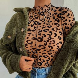 Women's Jumpsuits Rompers OMSJ Women Sexy Leopard Printed Skinny Bodysuit Brown High Neck Long Sleeve Jumpsuit Clubwear Tops Basic Overalls For Ladies 220908