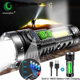 Super Bright Rechargeable Led Flashlight T6 and Cob Flashlight Torch Power Display Abs Plastic Outdoor Waterproof Flashlight Flash J220713