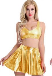 Womens Musical Festival Catsuit Costumes Wet Look Sexy Clubwear Shiny Metallic Crop Tank Top with Pleated Skirt for Dance Costumes