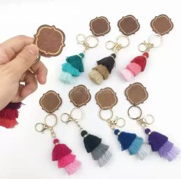 Personalized Wooden Keychain Party Favor Three-layer Cotton Tassel and Chip Pendant Key Ring Multicolor FY3881