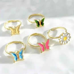 Flower Butterfly Fidget Ring Fashion Rotate Freely Anti Stress Women's Party Jewelry Charm Adjustable Ring Wedding Bands