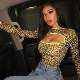 Women's Jumpsuits Rompers BKLD Women Clothes Leopard Print Jumpsuit Neon Striped Patchwork Cut Out Long Sleeve Bodysuits For Women Sexy Clubwear 220908