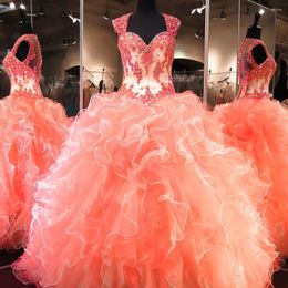 Casual Dresses Coral Quinceanera 2022 Vestidos De 15 Anos Ball Gown Beads  Ruffle Organza Puffy Formal Plus Size Sweet 16 Dress