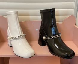 Metal chain design pearl Boots ladies high-heeled round toe thick heel fashion party short boots