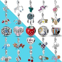 925 Silver Charm Beads Dangle Cactus Dangle Charms Pink Heart Shape Bead Fit Pandora Charms Bracelet DIY Jewelry Accessories