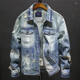Men's Jackets Men's Ripped Denim Jacket Handsome Slim Long-sleeved Blue Distressed Jeans Coat Outdoor Casual Male