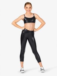 Girls Shiny Metallic Catsuit Costumes Ankle Dance Leggings pants with Tops 2pcs set Kids Mid Waistband Wet Look Stage performance Show