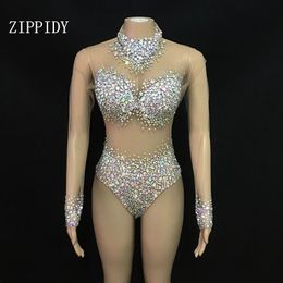 Women's Jumpsuits Rompers Sexy AB Rhinestones Mesh Bodysuit Birthday Celebrate Wear Female Singer Show Bodysuit Evening Prom Party Stage Wear 220908