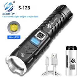 Super Bright 4 Core P90 Led Flashlight With Display Waterproof Outdoor Lighting Equipment 4 Lighting Modes Support Zoom J220713