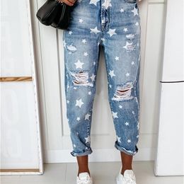 Women's Jeans Autumn Boyfriend Woman Slim Hole For Ladies With Five-Pointed Star Ripped Street Casual Blue Denim Pants 220908