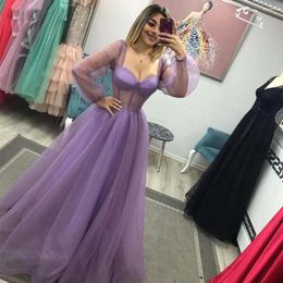 Party Dresses Shimmer Lavender Tulle Prom Puff Long Sleeves Sweetheart Bones Floor Length Evening Gowns Women Formal Dress