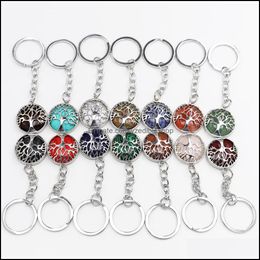 Keychains Natural Stone Crystal Key Rings Handbag Holder Tree Of Life Keychains Hexagonal Column Pendum Amet Real Agates Dhseller2010 Dhrj8