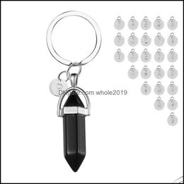 Keychains Natural Stone Keychain 26 Letters Women Cute Opal Quartz Marble Crystal Key Chains Men Good Luck Party Jewellery Dhseller2010 Dh9Vm