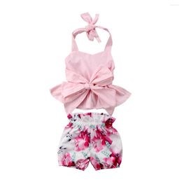 Clothing Sets Sweet Pretty Summer Infant Baby Girls 2PCS Floral Print Pink Sleeveless Belt Bowknot Ruffles Vest Tops Shorts